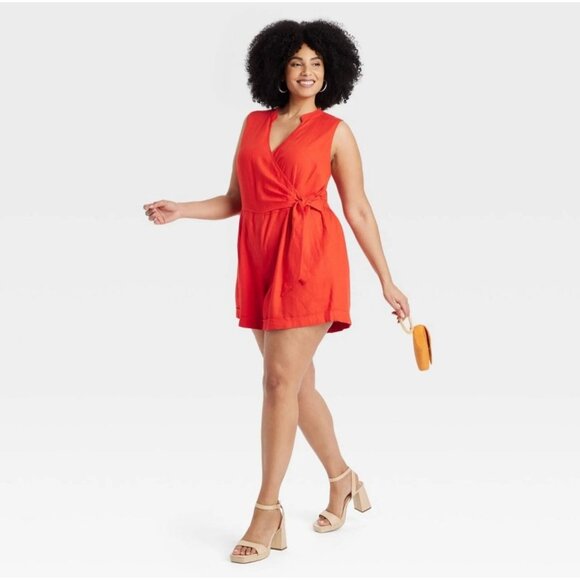 A New Day Linen Blend Plus Size Romper/Mini Jumpsuit Womens Size XL Tangerine Or - Picture 1 of 7